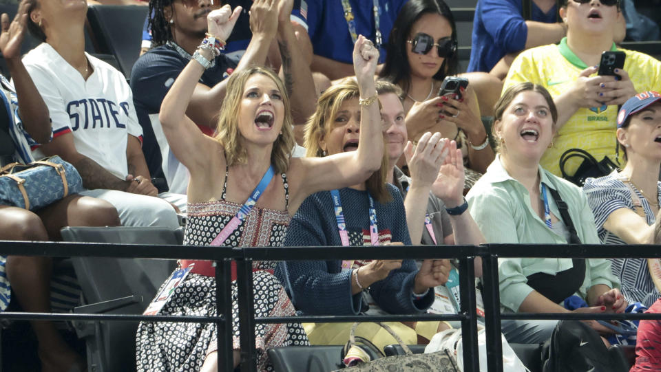 PARIS, FRANCE - JULY 30: Savannah Guthrie and Hoda Kotb attend the Artistic Gymnastics Women's Team Final during day four of the Paris 2024 Olympic Games at the Paris Arena on July 30, 2024 in Paris, France. (Photo by Jean Catuffe/Getty Images)