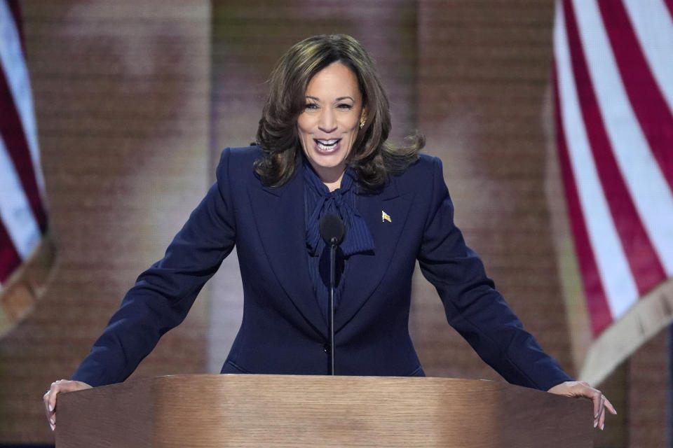 Democratic presidential nominee Vice President Kamala Harris speaks during the Democratic National Convention Thursday, Aug. 22, 2024, in Chicago. (AP Photo/J. Scott Applewhite)