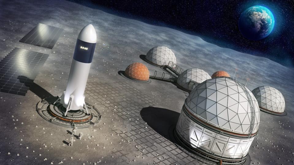 Artist's concept of a Moonbase, with circular huts in the foreground and Earth in the background.