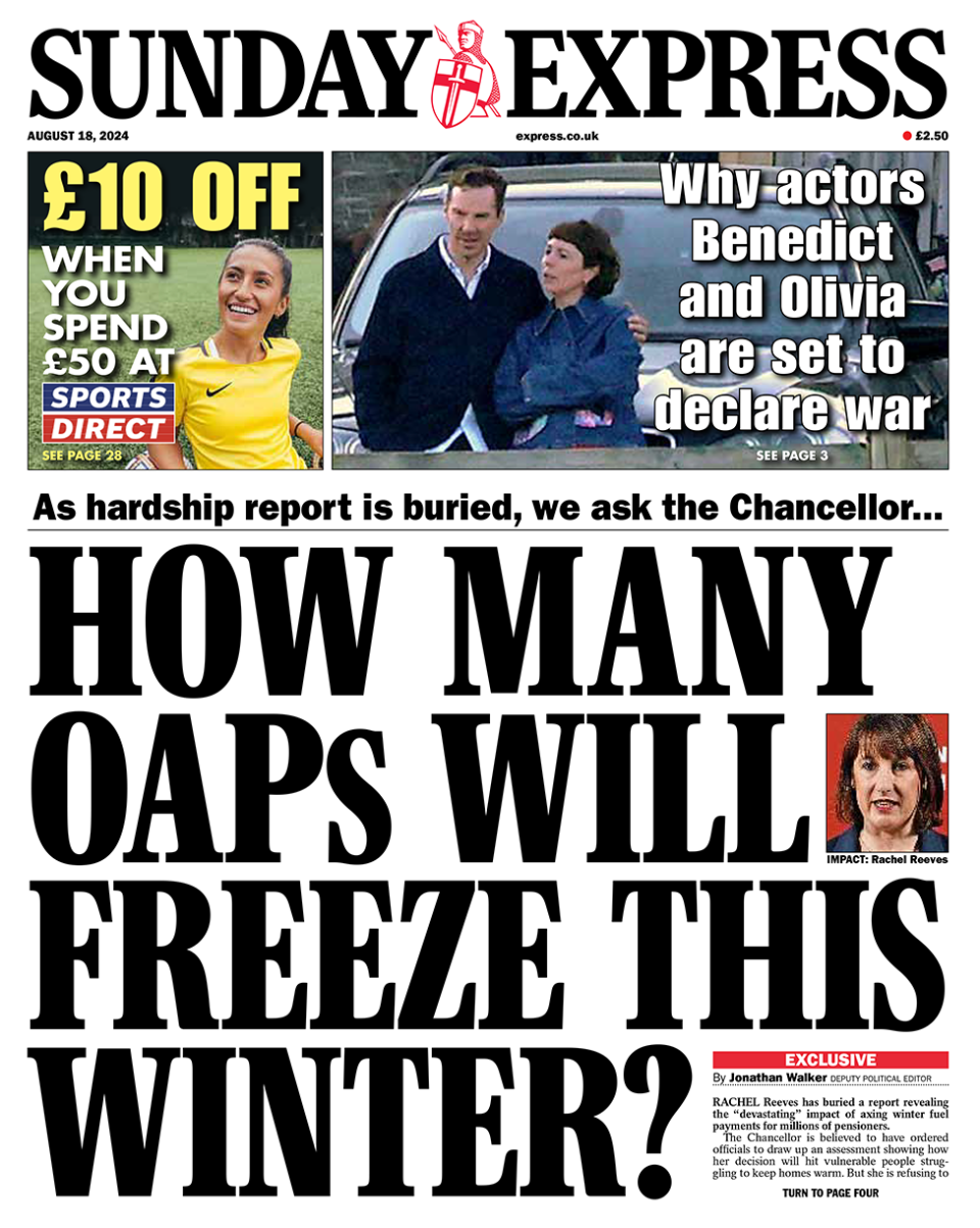 Sunday Express front page, the main headline reads "how many OAPs will freeze this winter"