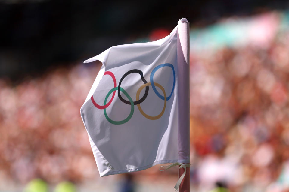 NANTES, FRANCE - AUGUST 08: Detail of the Olympic corner flag during the Men's Bronze Medal match between Egypt and Morocco during the Olympic Games Paris 2024 at Stade de la Beaujoire on August 08, 2024 in Nantes, France. (Photo by Robert Cianflone/Getty Images)