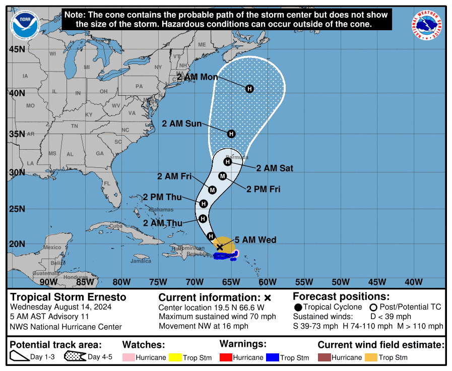 Tropical Storm Ernesto 5 a.m. Aug. 14, 2024.