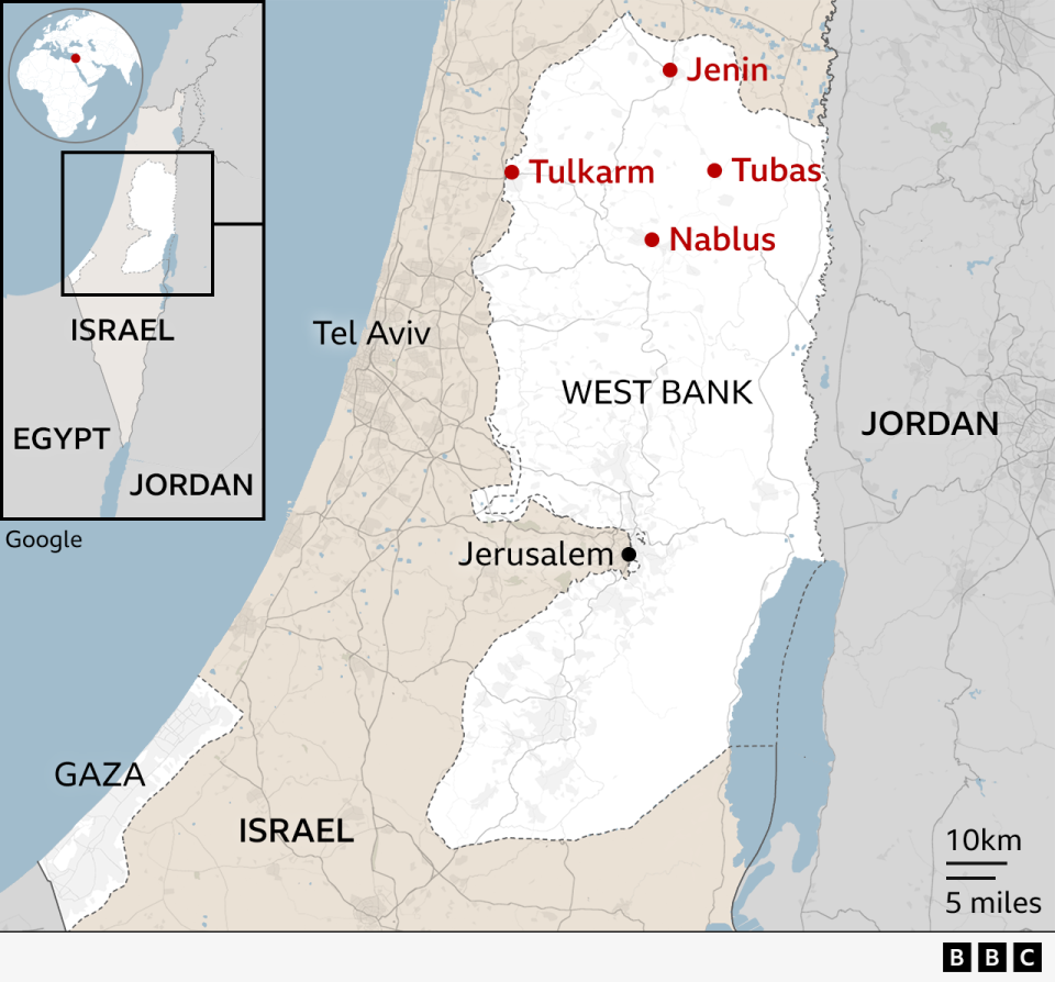 Map showing the occupied West Bank and the locations of Jenin, Tulkarm, Tubas and Nablus