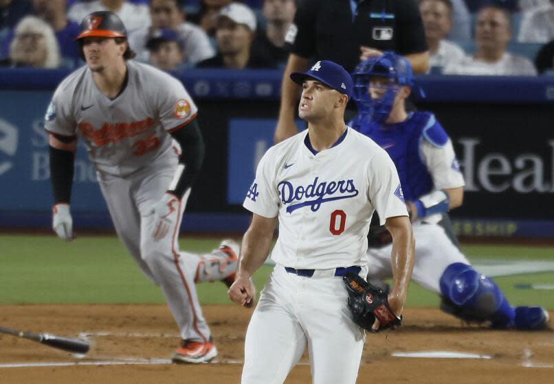 Los Angeles, CA - August 27: Dodgers starting pitcher Jack Flaherty #0, watches Orioles catcher Adley Rutschman's ball fly out at Dodger Stadium in Los Angeles Tuesday, Aug. 27, 2024. (Allen J. Schaben / Los Angeles Times)