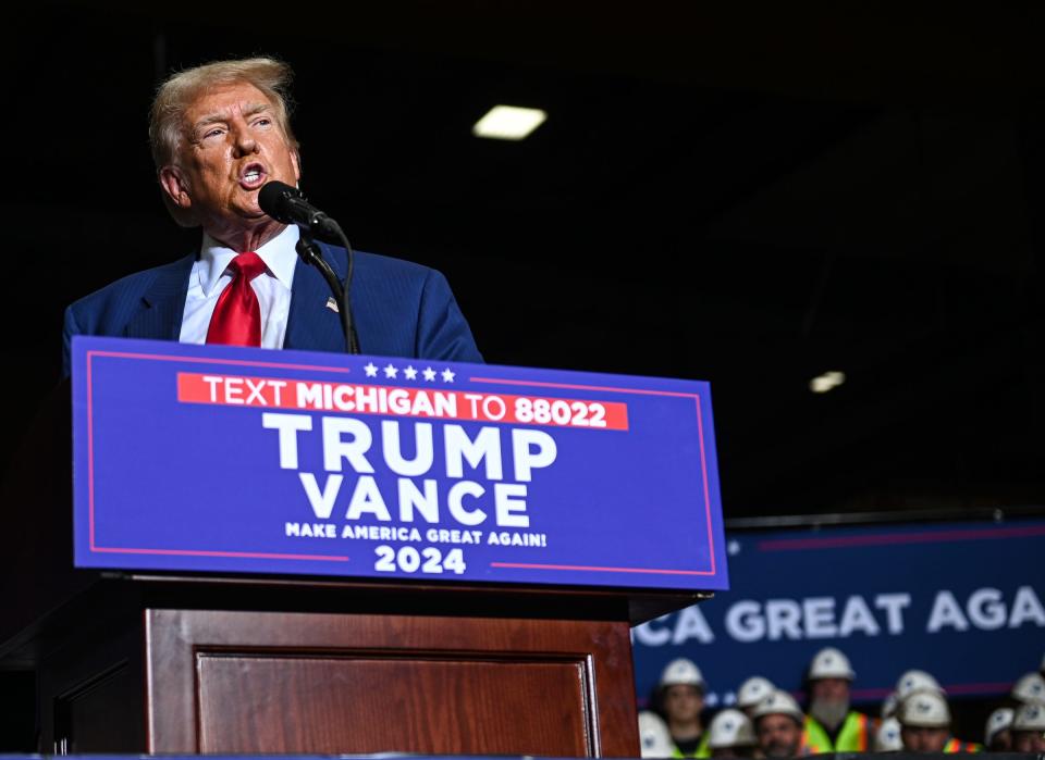 Former President Donald Trump speaks at Alro Steel in Potterville, Thursday, Aug. 29, 2024.