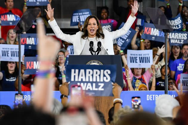 Democratic presidential nominee Kamala Harris speaks to several thousand attendees at a campaign rally at Detroit Metropolitan Airport in Romulus, Michigan, on Aug. 7, 2024.