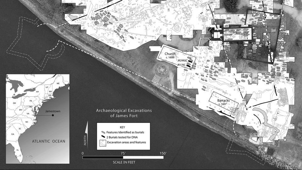 A map of Jamestown Island shows the triangular palisade of James Fort and the colonial settlement's church that contains burials. - Jamestown Rediscovery Foundation (Preservation Virginia)