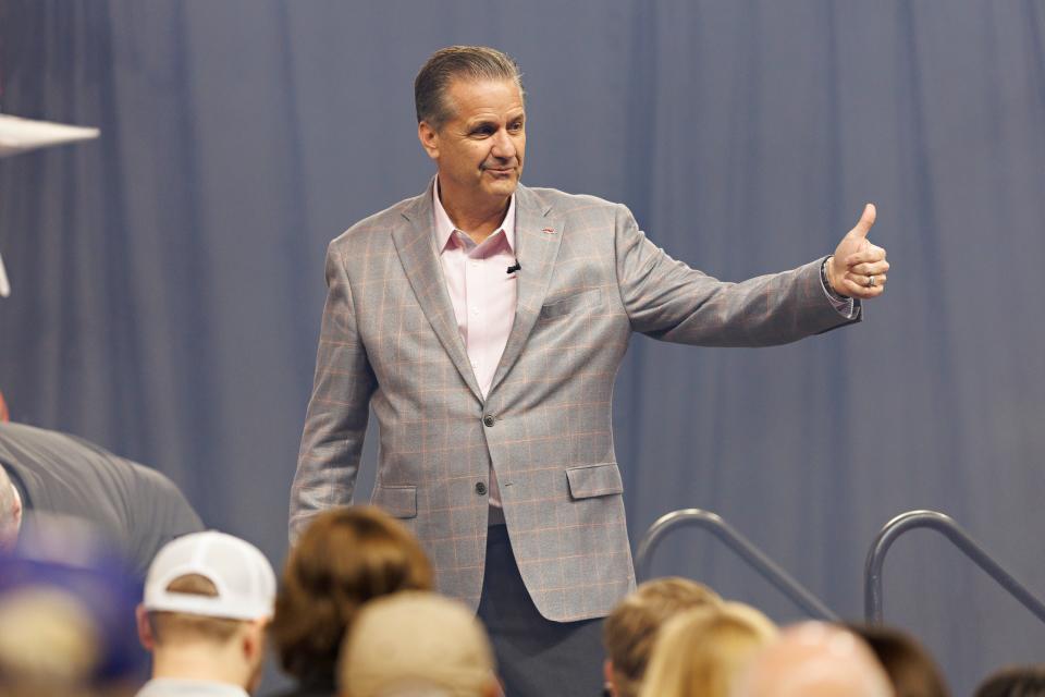 FAYETTEVILLE, ARKANSAS - APRIL 10: New head coach John Calipari of the Arkansas Razorbacks is introduced to the fans and the media at Bud Walton Arena on April 10, 2024 in Fayetteville, Arkansas. (Photo by Wesley Hitt/Getty Images)