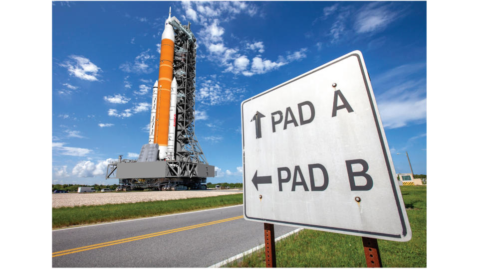  An artist rendering of crawler-transporter 2, with the mobile launcher 2 and Space Launch System (SLS) Block 1B atop, as it makes its way to Launch Pad 39B at NASA's Kennedy Space Center in preparation for liftoff. T. 