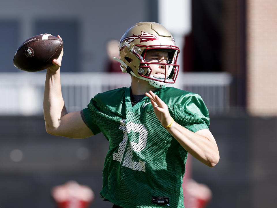 TALLAHASSEE, FL - MARCH 19: Quarterback Michael Grant #12 of the Florida State Seminoles during Spring Football Practice at the Albert J. Dunlap Athletic Training Facility on the campus of Florida State University March 19, 2024 in Tallahassee, Florida. (Photo by Don Juan Moore/Getty Images)