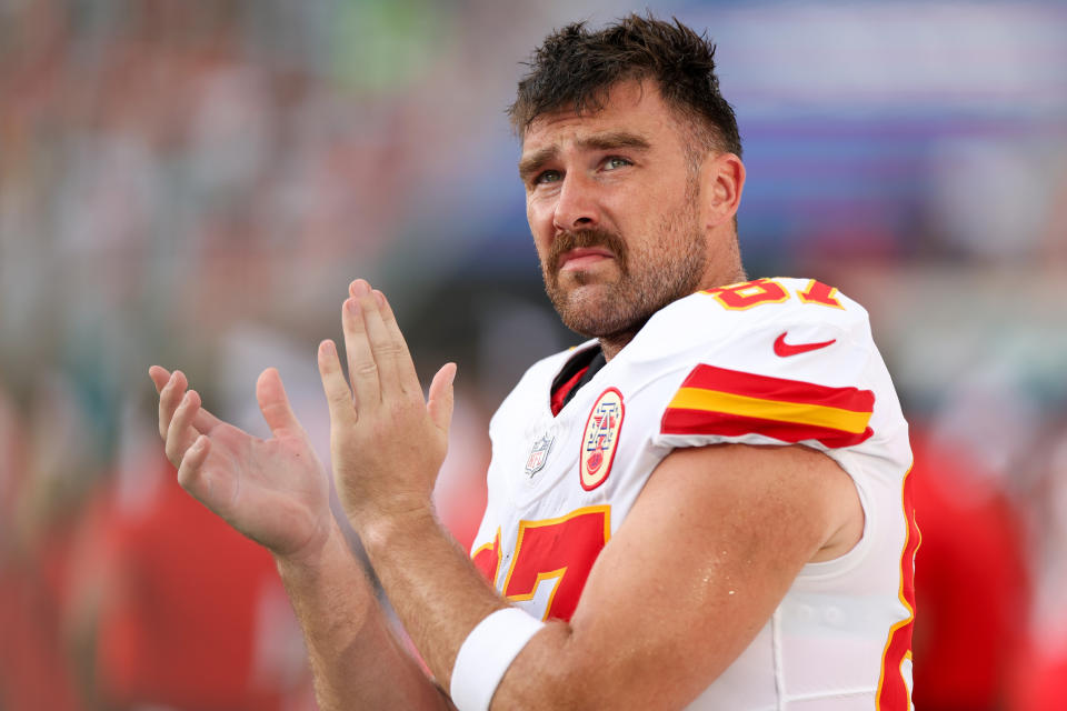 Aug 10, 2024; Jacksonville, Florida, USA; Kansas City Chiefs tight end Travis Kelce (87) looks on before a preseason game against the Jacksonville Jaguars at EverBank Stadium. Mandatory Credit: Nathan Ray Seebeck-USA TODAY Sports