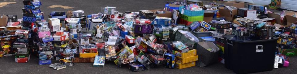 Toys recovered from a residence listed as the business address for an alleged organized retail theft operation.