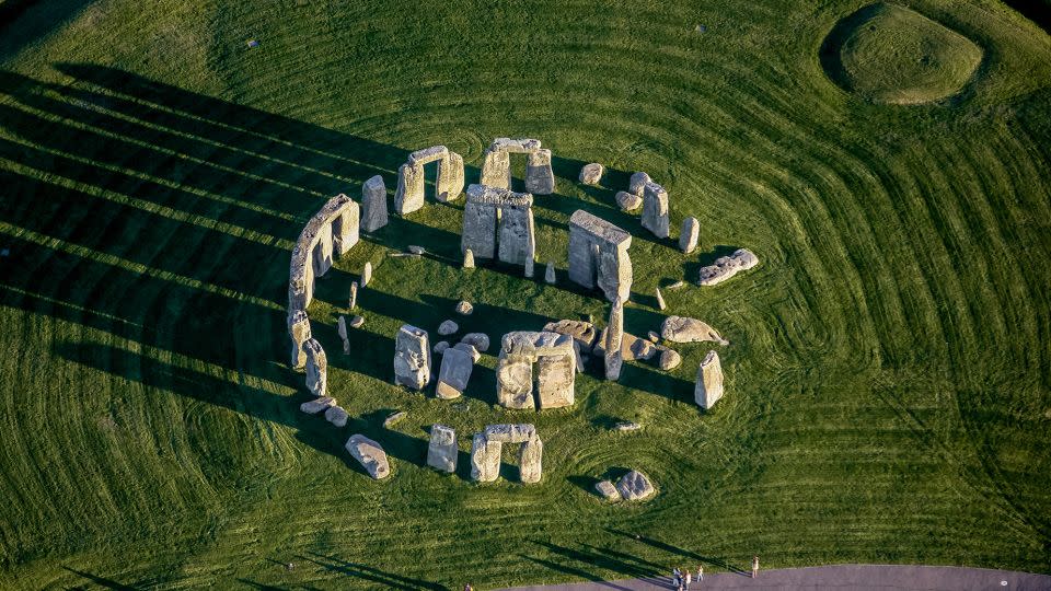 An aerial photograph showcases the Neolithic monument Stonehenge on the Salisburty Plain in England. - David Goddard/Getty Images