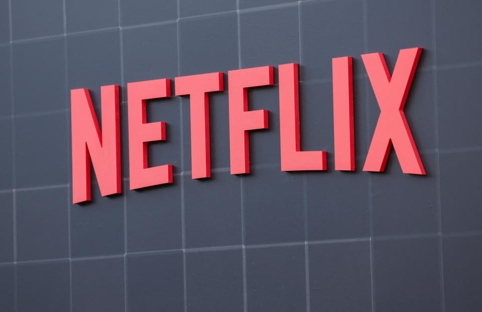 Netflix logo is pictured at a premiere for the 4th and final season of the television series 