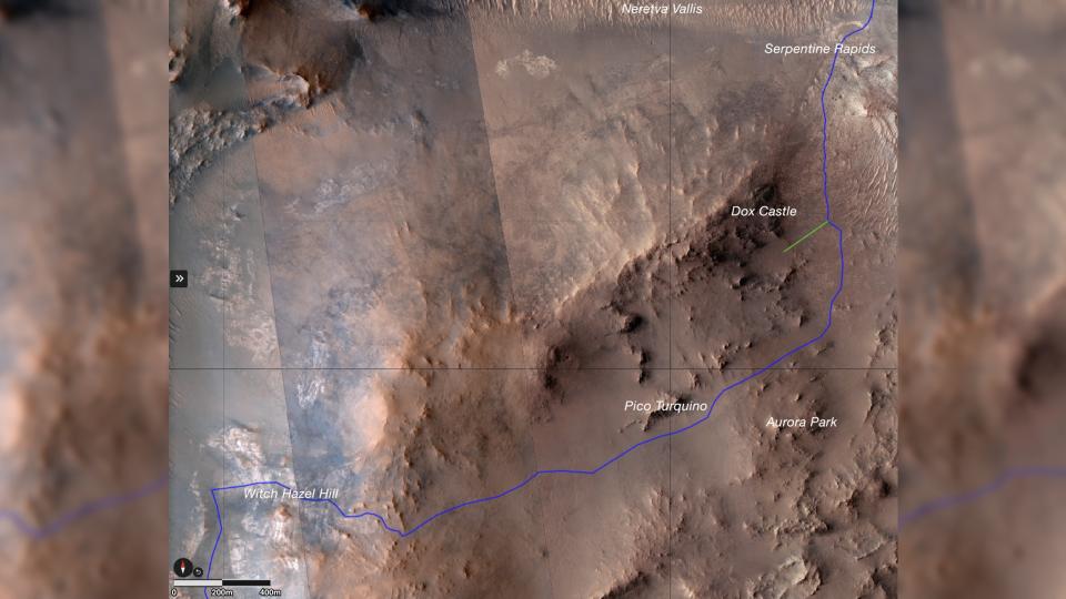  A map of a reddish-brown landscape, with a squiggly blue snaking across it. 