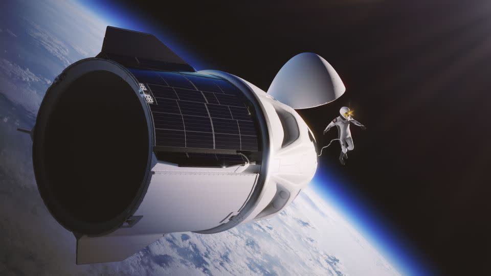 An artist's depiction of the Polaris Dawn mission shows a crew member floating outside the Crew Dragon capsule while attached by a life support umbilical. - Polaris via X