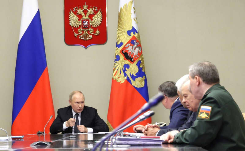 Russian President Vladimir Putin holds an operational meeting in Novo-Ogaryovo with members of the Security Council, the Government, representatives of the Presidential Administration, heads of law enforcement agencies, as well as the heads of the Belgorod, Bryansk and Kursk regions. -/Kremlin/dpa