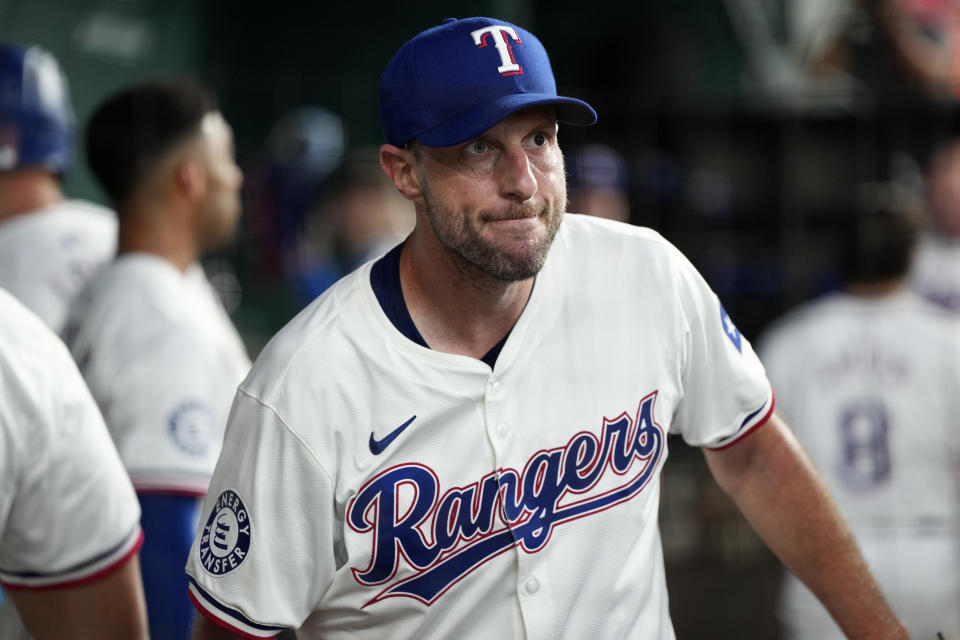 ARLINGTON, TEXAS - JULY 25: Max Scherzer #31 of the Texas Rangers looks on in his dugout during the sixth inning against the Chicago White Sox at Globe Life Field on July 25, 2024 in Arlington, Texas. (Photo by Sam Hodde/Getty Images)