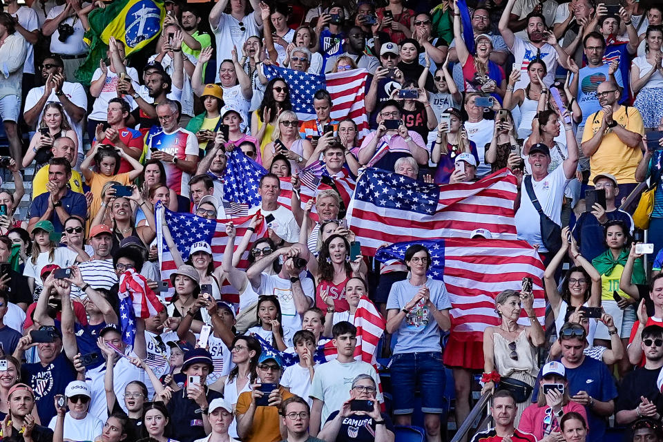 PARIS, FRANCE - AUGUST 10: Fans of USA during the Women's Gold Medal match between Brazil and United States of America during the Olympic Games Paris 2024 at Parc des Princes on August 10, 2024 in Paris, France. (Photo by Daniela Porcelli/ISI Photos/Getty Images)