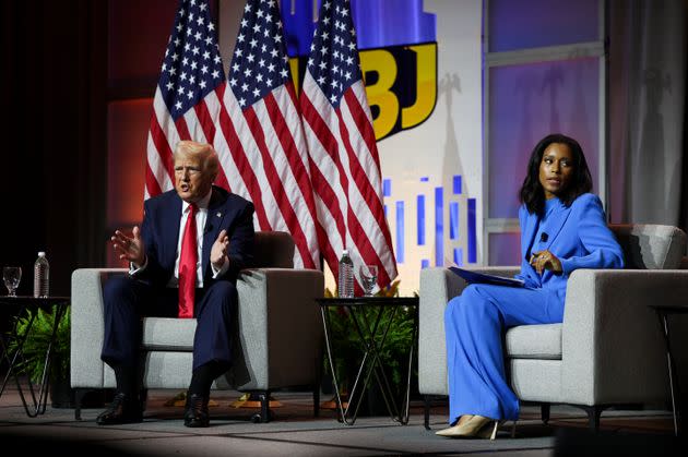 Former President Donald Trump participates in a Q&A at the National Association of Black Journalists Annual Convention and Career Fair on July 31, 2024. Trump is facing widespread backlash for questioning Vice President Kamala Harris' racial identity, despite her having always identified as both Indian American and Black.