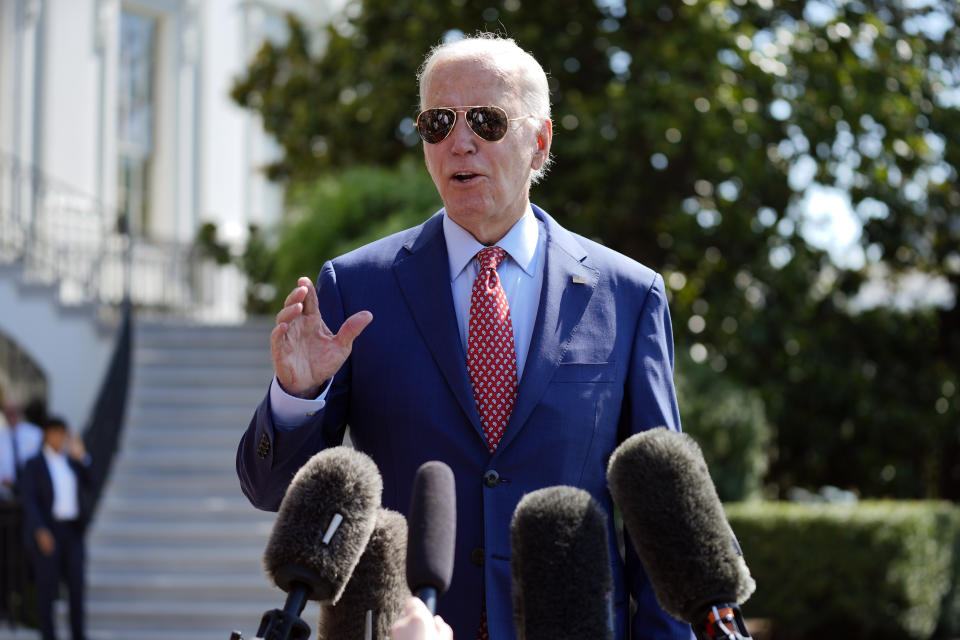 President Joe Biden speaks to reporters before boarding Marine One on the South Lawn of the White House, Friday, Aug. 2, 2024, in Washington, enroute to Wilmington, Del. (AP Photo/Evan Vucci)