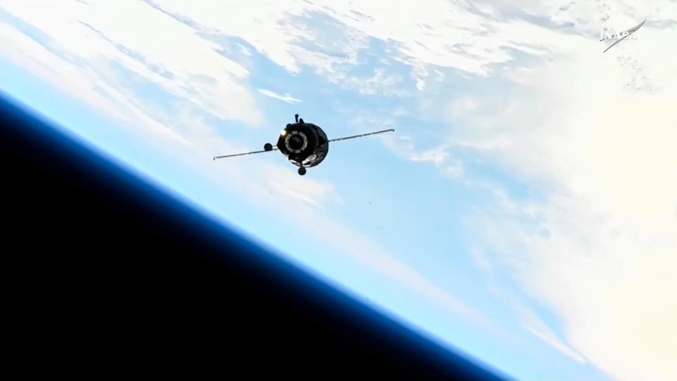  A Russian Progress 89 cargo ship nears the International Space Station with the blue Earth behind on Aug. 17, 2024. . 