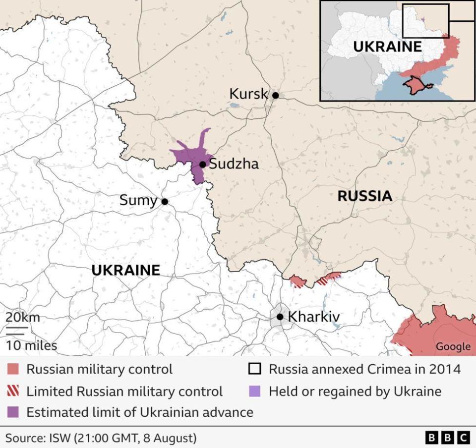 Map showing Ukraine's estimated military advance in Russia's Kursk region