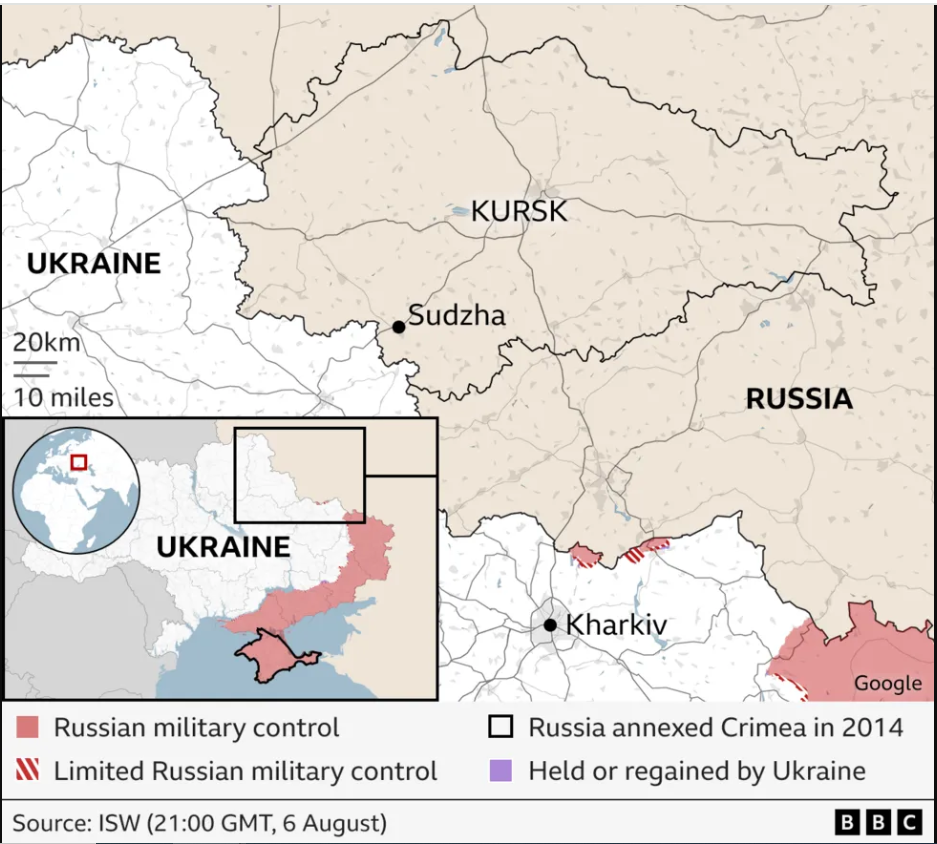 Map showing Russia's western Kursk region and Ukraine's north-eastern Kharkiv region 