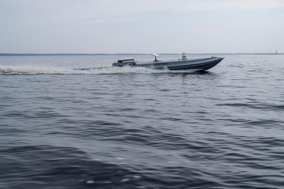 A Sea Baby drone moves through the water during a presentation by Ukraine's Security Service in the Kyiv region, Ukraine on March 5.