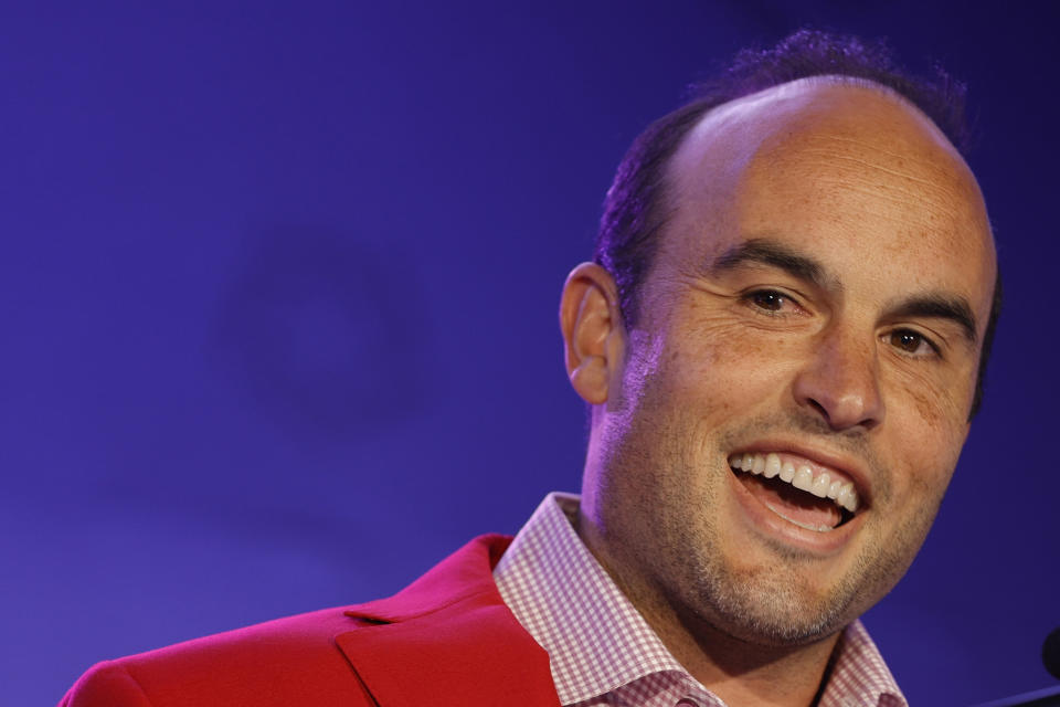 FRISCO, TEXAS - MAY 06: Landon Donovan speaks after being inducted into the National Soccer Hall of Fame at Toyota Stadium on May 06, 2023 in Frisco, Texas. (Photo by Carmen Mandato/USSF/Getty Images for USSF)