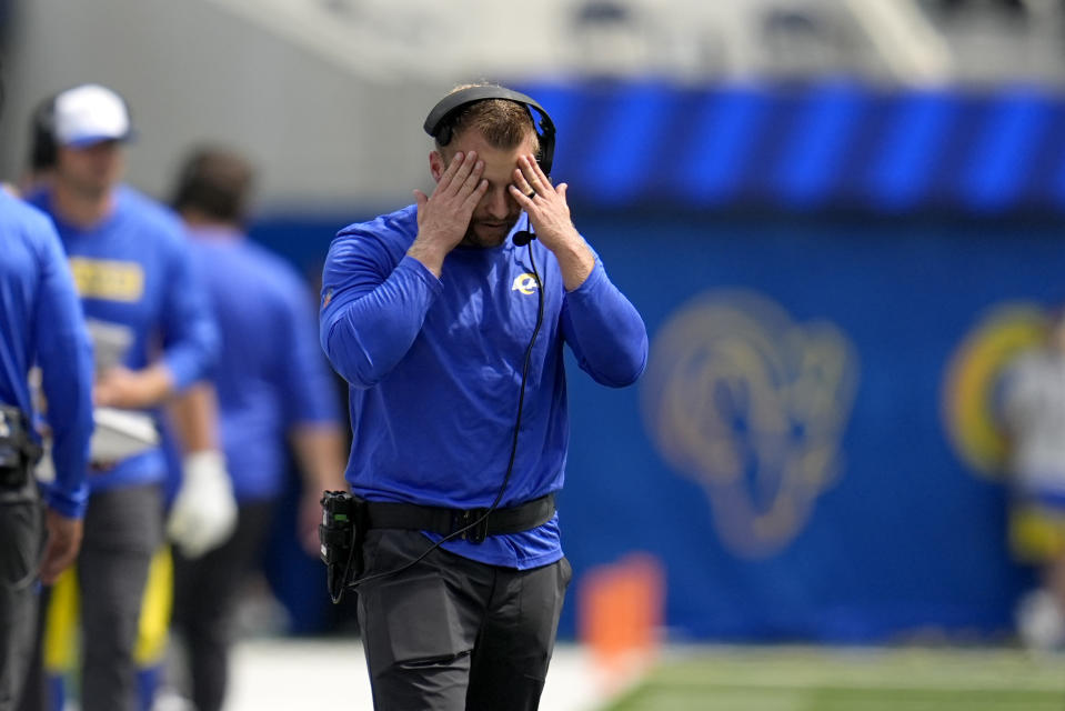 Los Angeles Rams head coach Sean McVay took some time to join the broadcast for his team's first preseason game. (AP Photo/Gregory Bull)