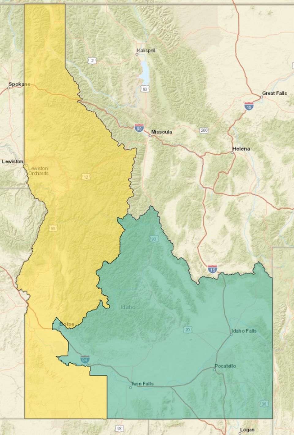 Under the 2021 reapportionment based on the 2020 census, Idaho’s 1st Congressional District stretches from the Nevada border to the Canadian border in the western half of the state. The 2nd District covers the eastern parts of the state and reaches west to Eagle Road in Ada County to include most of Boise.