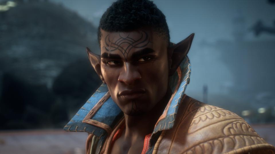  Dragon Age: The Veilguard - Davrin looks serious on a battlefield. 