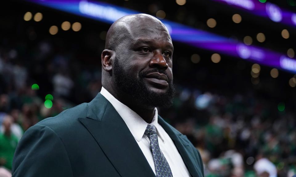 Jun 6, 2024; Boston, Massachusetts, USA; Shaquille O'Neal looks on before the game between the Boston Celtics and the Dallas Mavericks in game one of the 2024 NBA Finals at TD Garden. Mandatory Credit: David Butler II-USA TODAY Sports