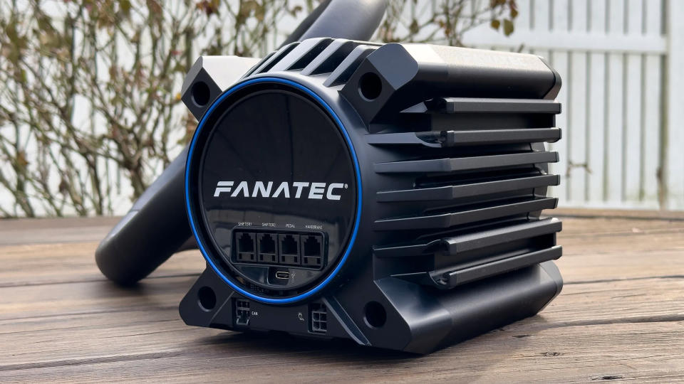 Back of Fanatec wheel base showing Fanatec logo.