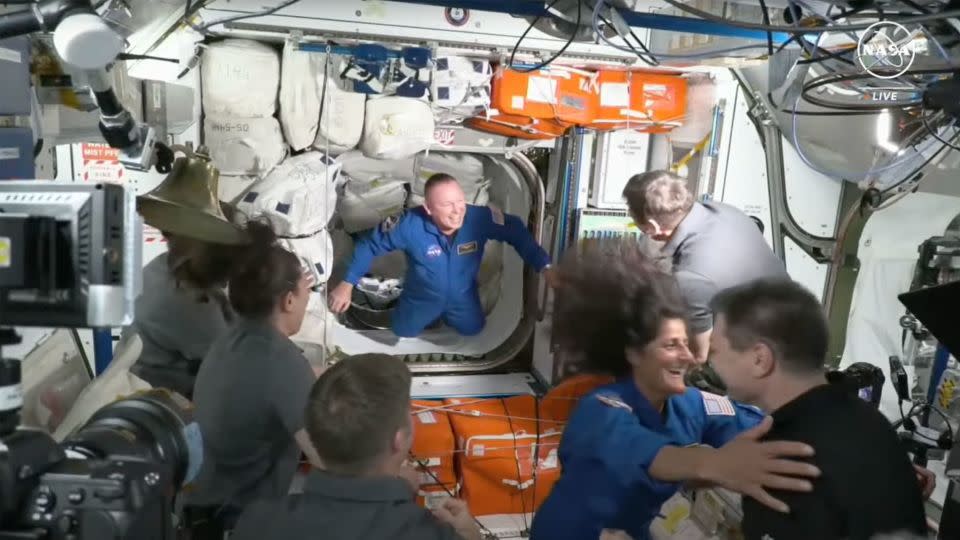 Suni Williams and Butch Wilmore are seen entering the International Space Station, greeting the members of Expedition 71, on June 6 - NASA