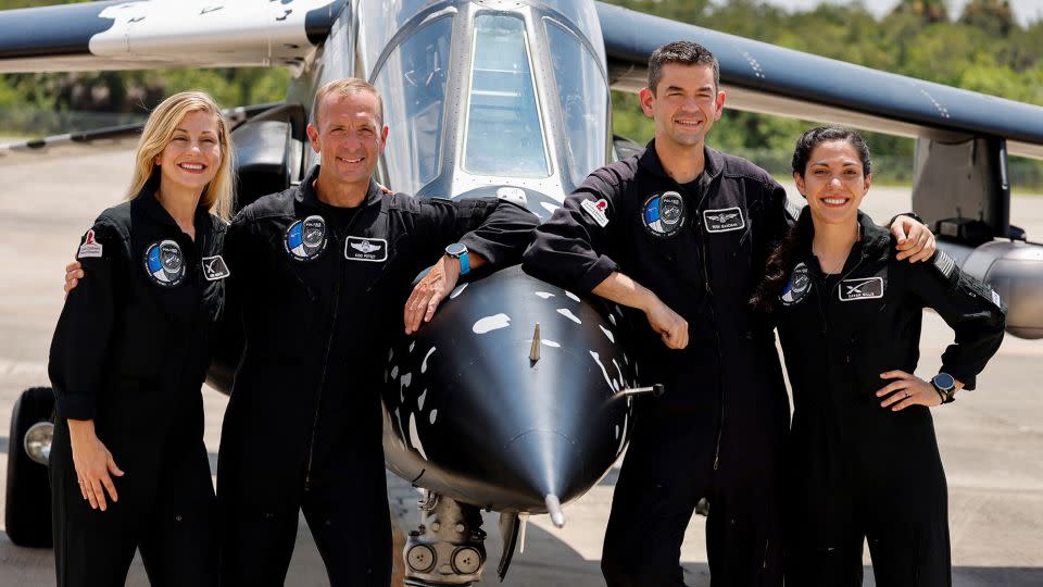 Anna Menon, Scott Poteet, commander Jared Isaacman and Sarah Gillis, crew members of Polaris Dawn, a private human spaceflight mission, attend a news conference at the Kennedy Space Center in Cape Canaveral, Florida, on August 19. - Joe Skipper/Reuters