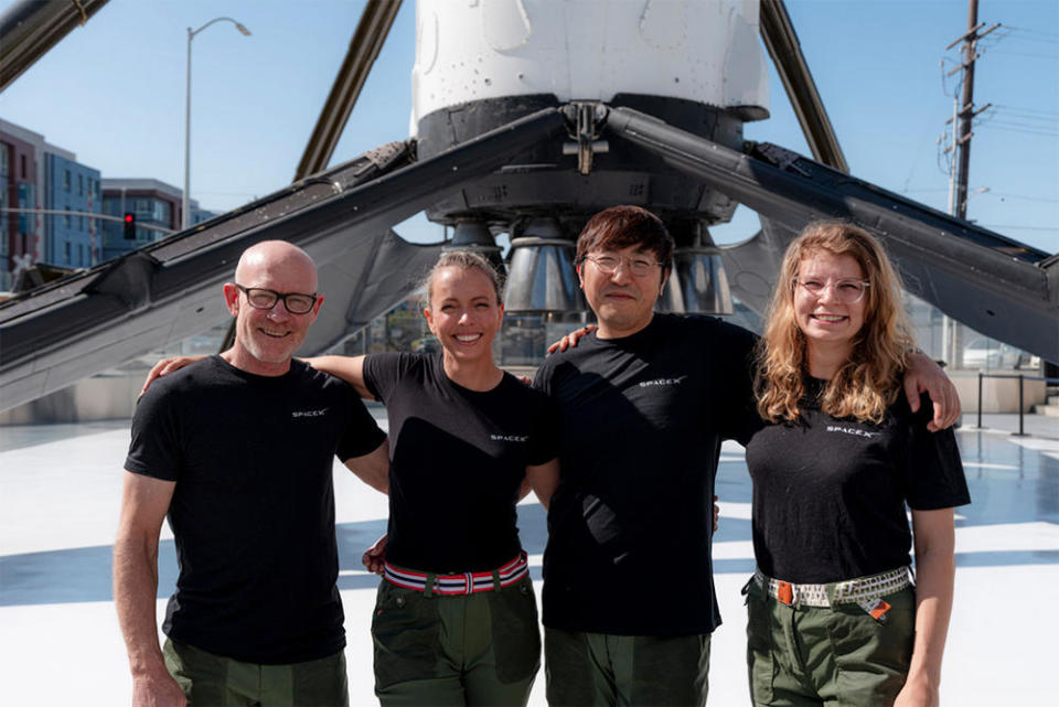 The Fram2 crew, seen during a visit to SpaceX's Hawthorn, Calif., manufacturing facility. Left to right: Eric Philips, Jannicke Mikkelse, commander Chun Wang and Rabea Rogge. / Credit: SpaceX