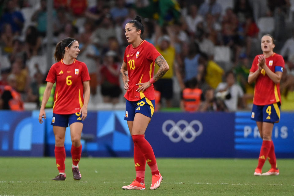 Spain's forward #10 Jennifer Hermoso (C) reacts after Brazil's second goal in the women's semi-final football match between Brazil and Spain during the Paris 2024 Olympic Games at the Marseille Stadium in Marseille on August 6, 2024. (Photo by Sylvain THOMAS / AFP) (Photo by SYLVAIN THOMAS/AFP via Getty Images)