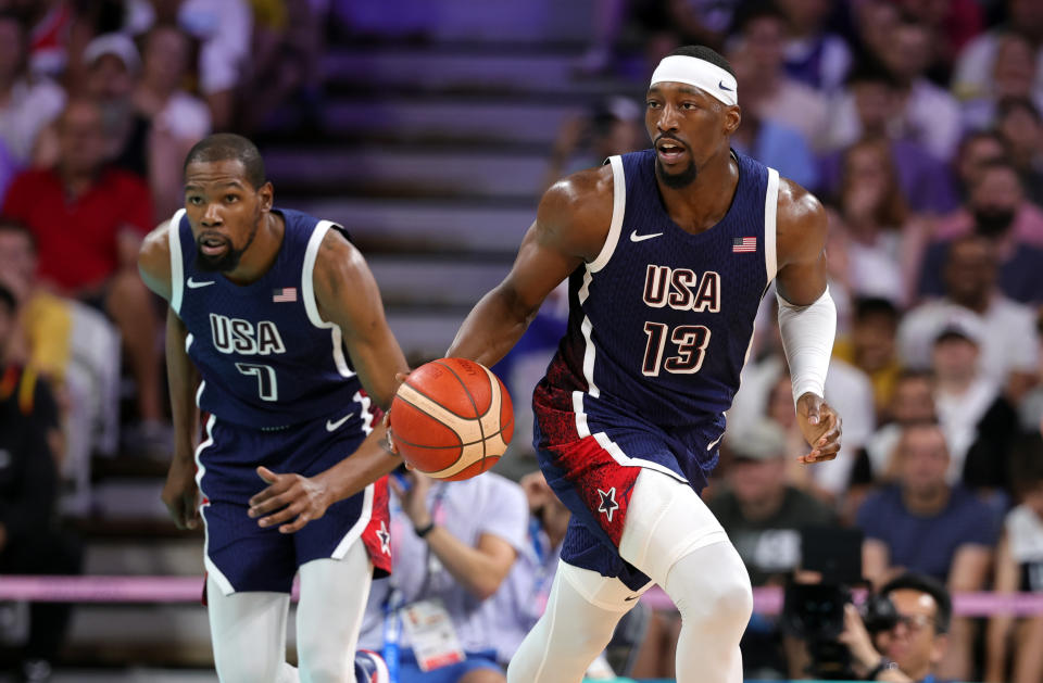 LILLE, FRANCE - JULY 28: Bam Adebayo of United States during the Men's Basketball Group Phase - Group C game between Serbia and the United States on day two of the Olympic Games Paris 2024 at Stade Pierre Mauroy on July 28, 2024 in Lille, France. (Photo by Christina Pahnke - sampics/Getty Images)