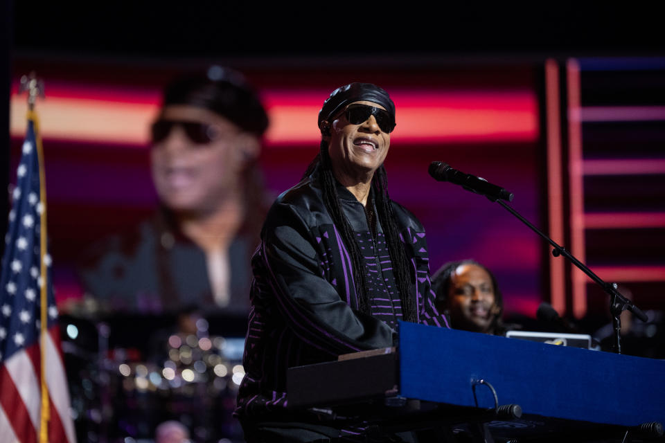 Stevie Wonder performs on the third night of the Democratic National Convention at the United Center in Chicago on Wednesday.