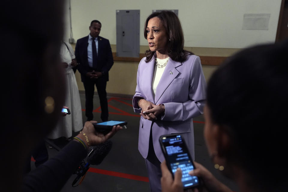 Democratic presidential nominee Vice President Kamala Harris gives remarks at the Sheraton hotel, Saturday, Aug. 10, 2024, in Phoenix. (AP Photo/Julia Nikhinson, Pool)