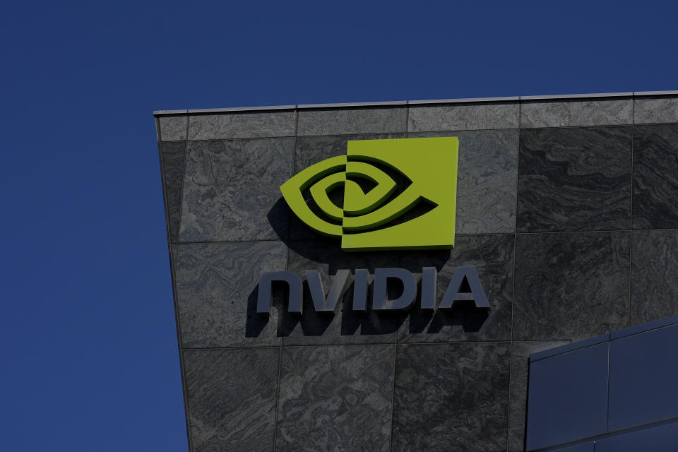 A sign is displayed on a Nvidia office building in Santa Clara, Calif., Wednesday, Aug. 7, 2024. (AP Photo/Jeff Chiu)