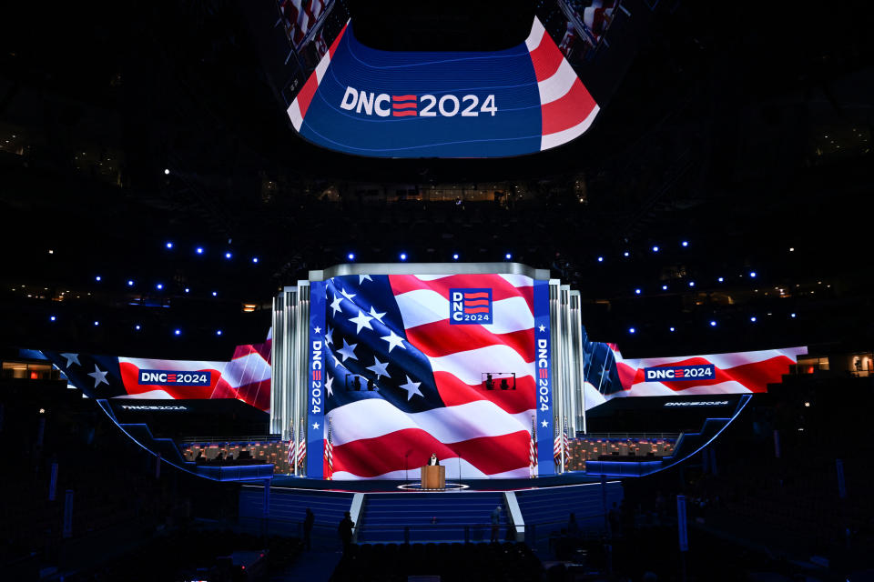 TOPSHOT - Signage is pictured as preparations are made ahead of the Democratic National Convention (DNC) at the United Center in Chicago, Illinois on August 15, 2024. Vice President Kamala Harris will formally accept the party's nomination for president at the DNC which runs from August 19-22 in Chicago. (Photo by Robyn Beck / AFP) (Photo by ROBYN BECK/AFP via Getty Images)