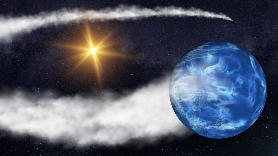  A dark blue sphere creating a circular trail of white smoke with a yellow multi-pointed star at its center. 