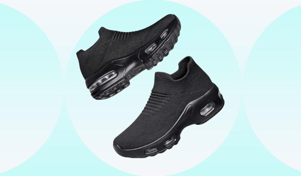 Pair of black slip-on sneakers.