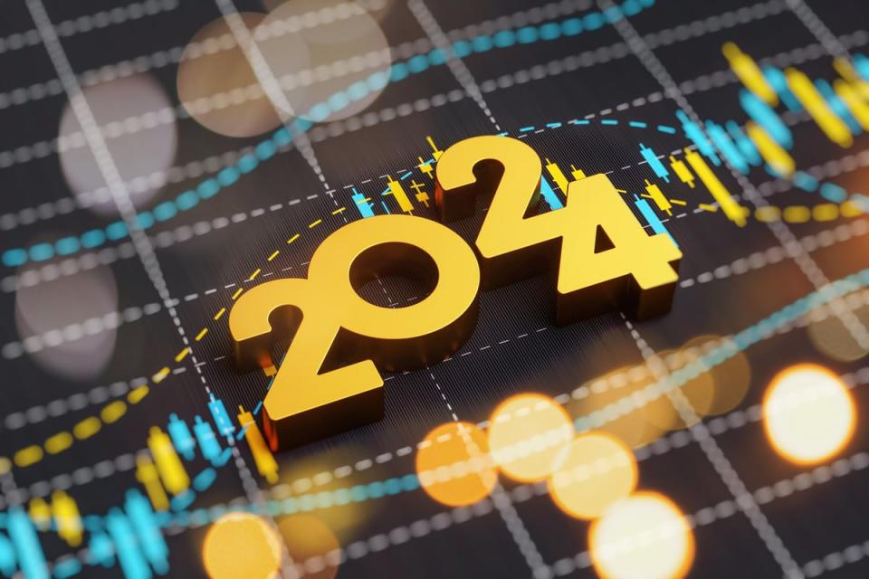 A stock chart with '2024' written across it in yellow numbers.