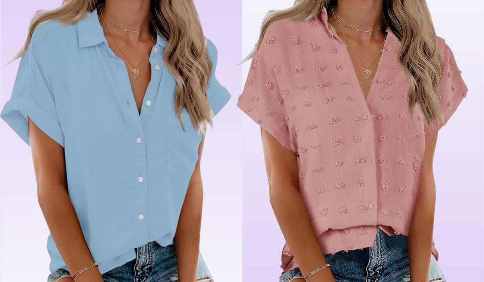 A blue short-sleeved shirt and a pink Dotted Swiss short-sleeved shirt.