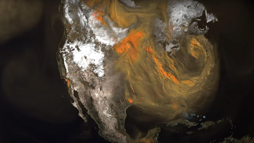  Animation showing a view of the united states from space, with yellow and orange plumes emanating from various regions of the nation. 