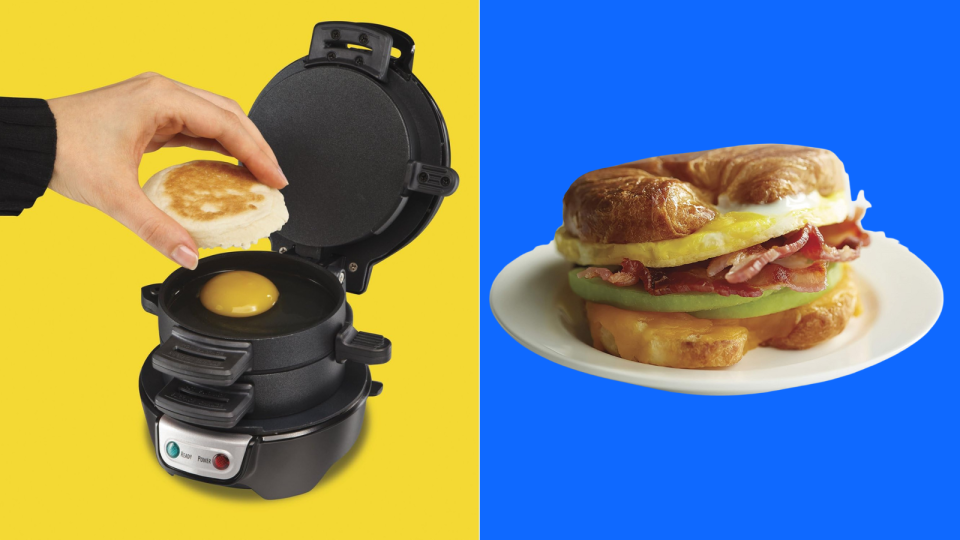 a hand placing an english muffin into the breakfast sandwich maker / a breakfast sandwich on a croissant